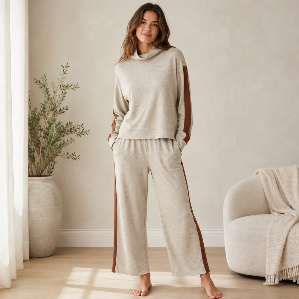 Pact Organic Cotton 2 Piece Lounge Set Womens L Oatmeal Beige Cowl Neck Wide Leg